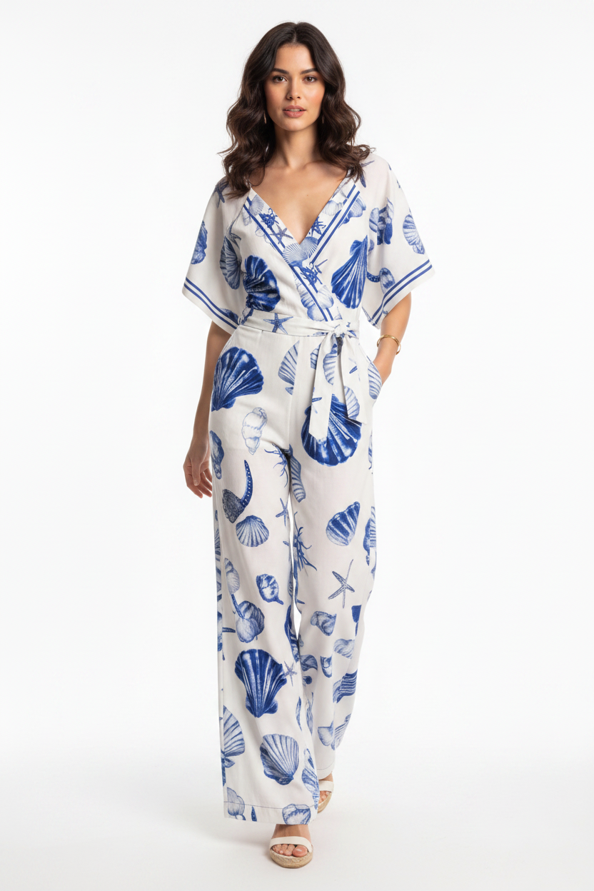 Women's White & Blue Seashell Print Wrap V-Neck Wide Leg Jumpsuit with Adjustable Straps