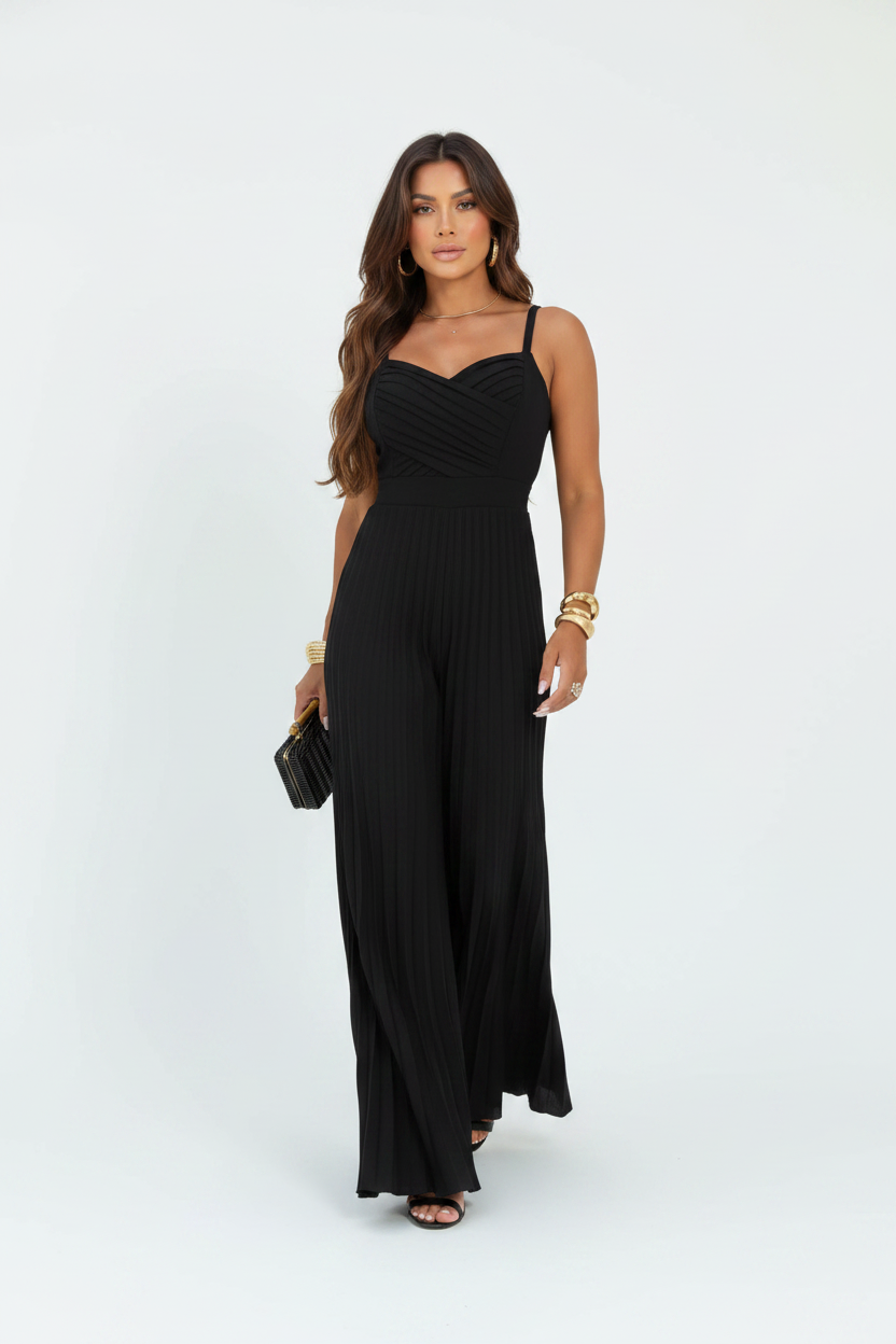 Elegant Wide-Leg Flared Jumpsuit with Adjustable Straps & Pockets