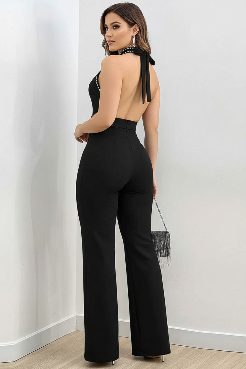 Elegant High-Waist Rhinestone Jumpsuit with Adjustable Straps