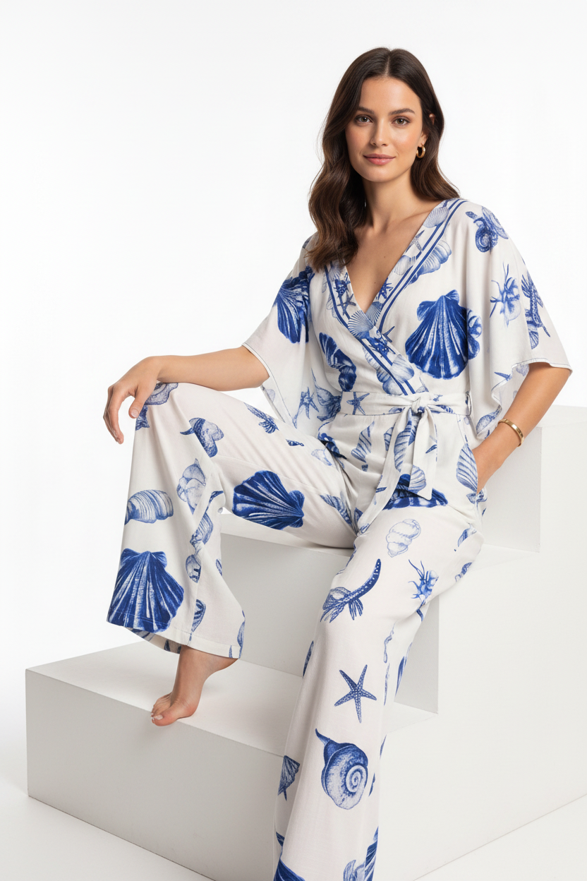 Women's White & Blue Seashell Print Wrap V-Neck Wide Leg Jumpsuit with Adjustable Straps