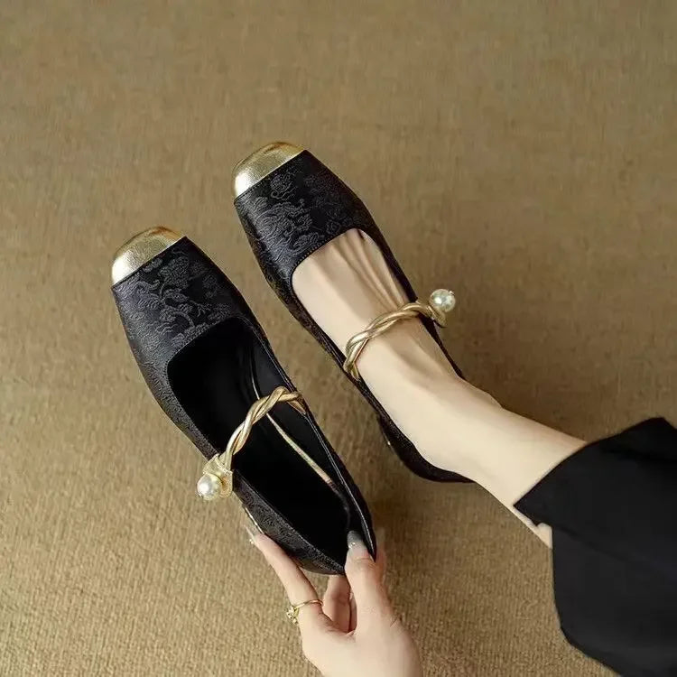 Square Toe Twist Strap Embellished Low Block Heel Mary Jane Pumps