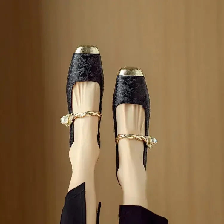 Square Toe Twist Strap Embellished Low Block Heel Mary Jane Pumps
