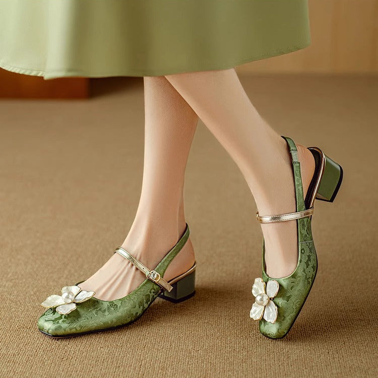 Floral Applique Square Toe Slingback Block Heel Pumps