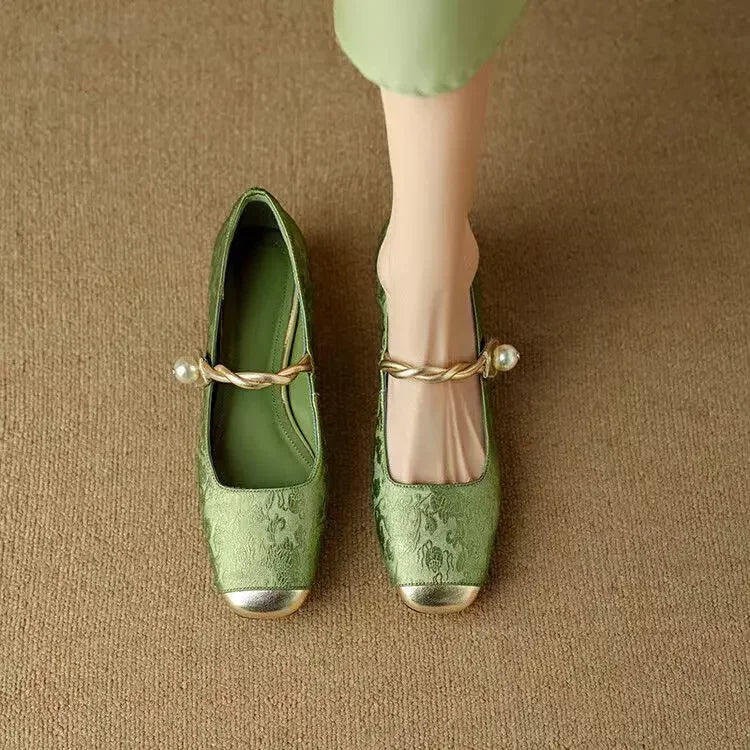 Square Toe Twist Strap Low Block Heel Mary Jane Pumps