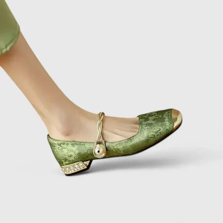 Square Toe Metallic Cap Twist Strap Mary Jane Flats