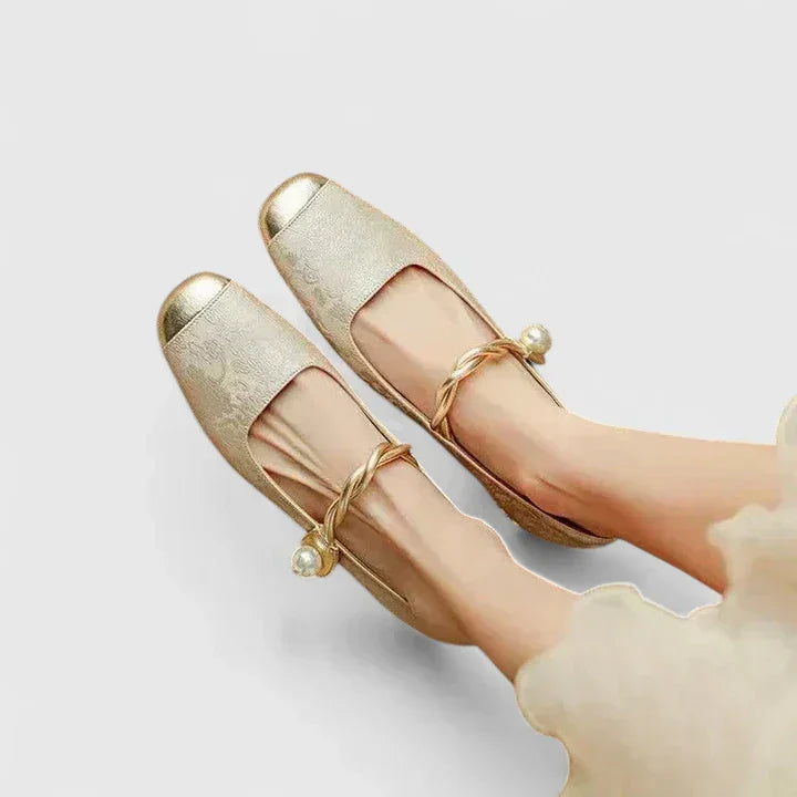 Square Toe Metallic Cap Twist Strap Mary Jane Flats