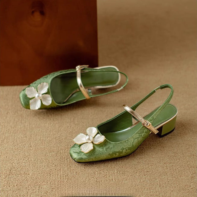 Floral Applique Buckle Strap Block Heel Mary Jane Shoes
