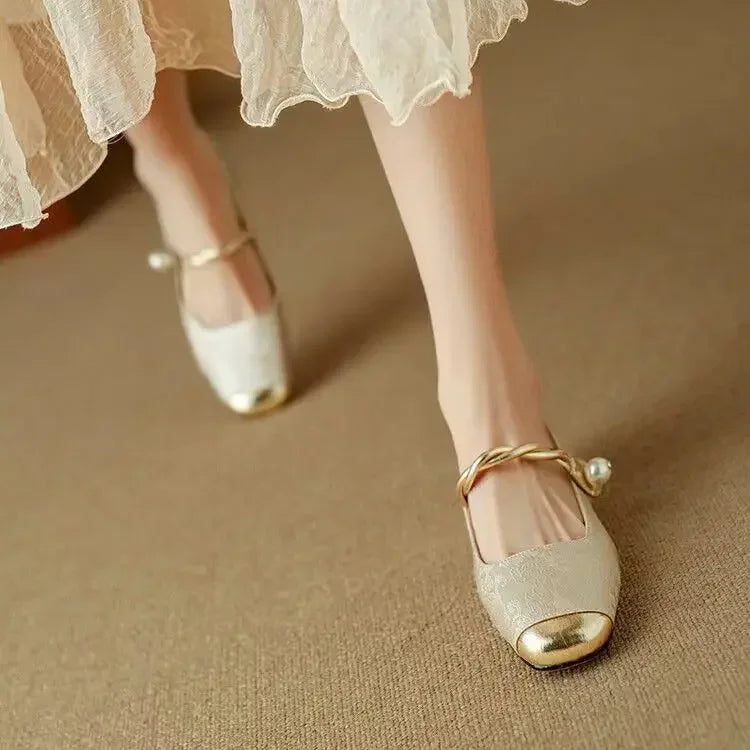 Square Toe Twist Strap Embellished Low Block Heel Mary Jane Pumps