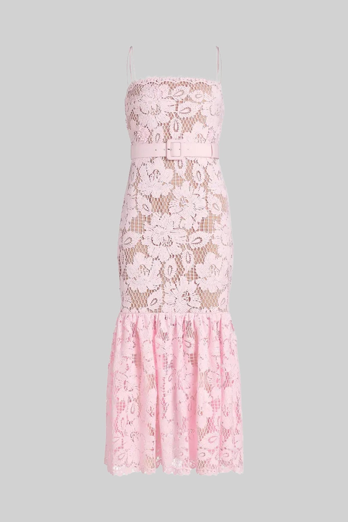 Square Neck Spaghetti Strap Belted Lace Flounce Hem Midi Dress 5