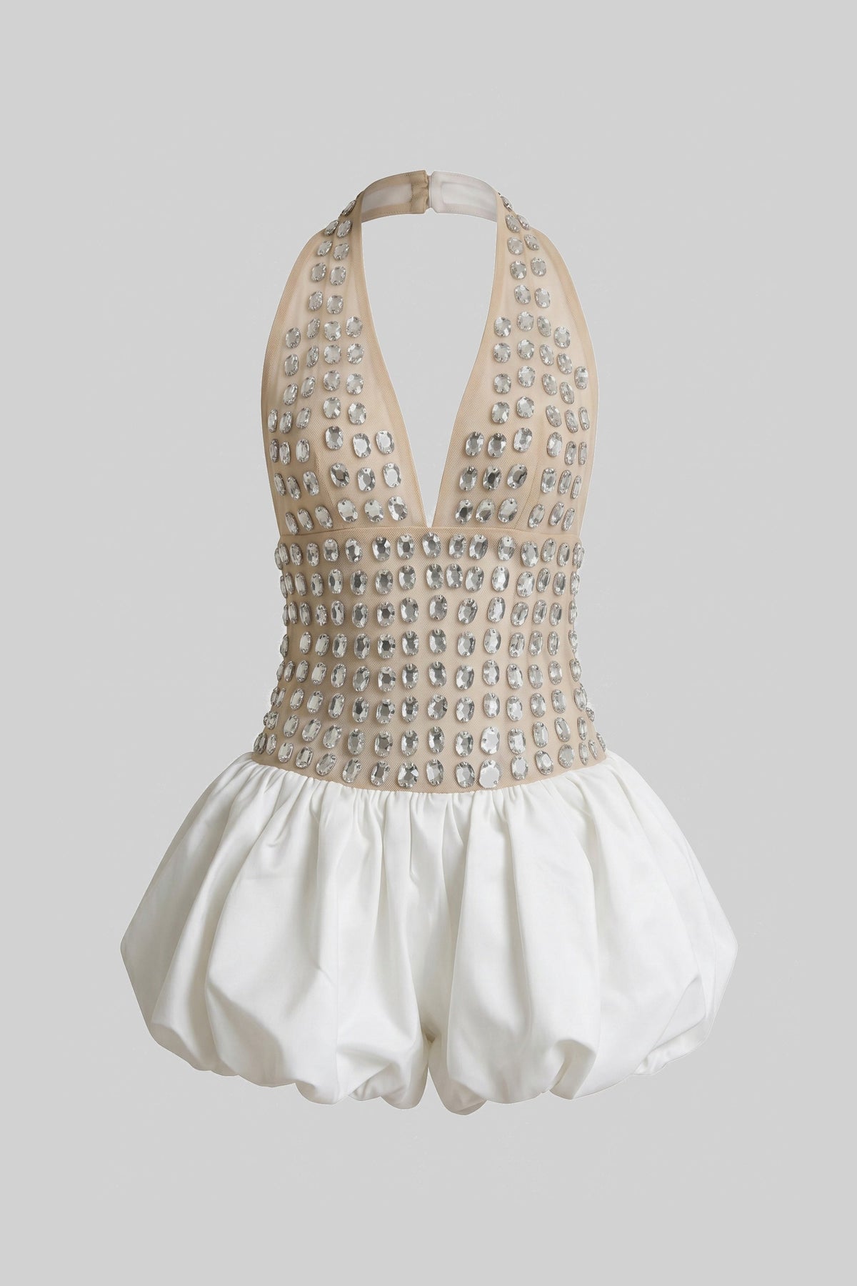 Rhinestone Embellished Mesh Halter Deep V-Neck Bubble Hem Mini Dress 2