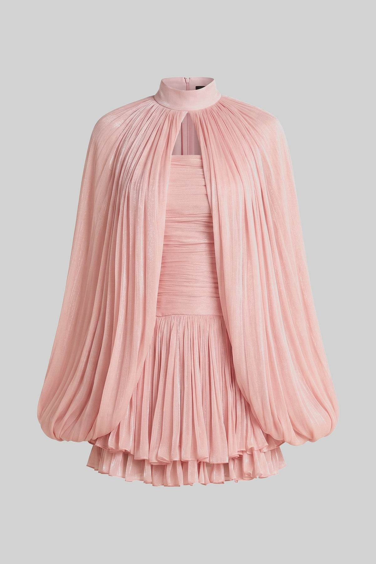 High Neck Keyhole Cut Out Pleated Cape Sleeve Ruched Mini Dress - View 5