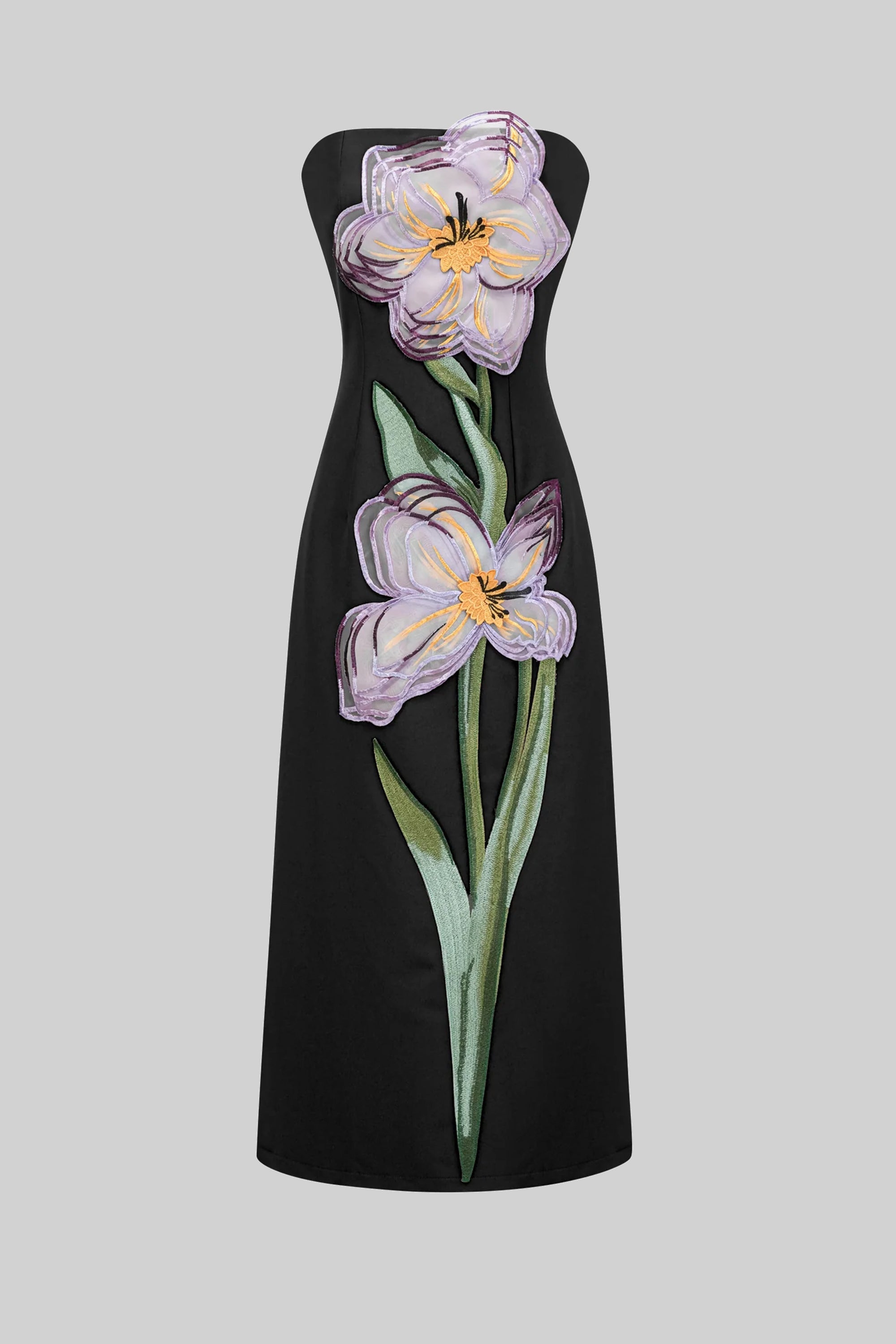 Strapless Floral-Print Midi Dress With Column Silhouette - Black