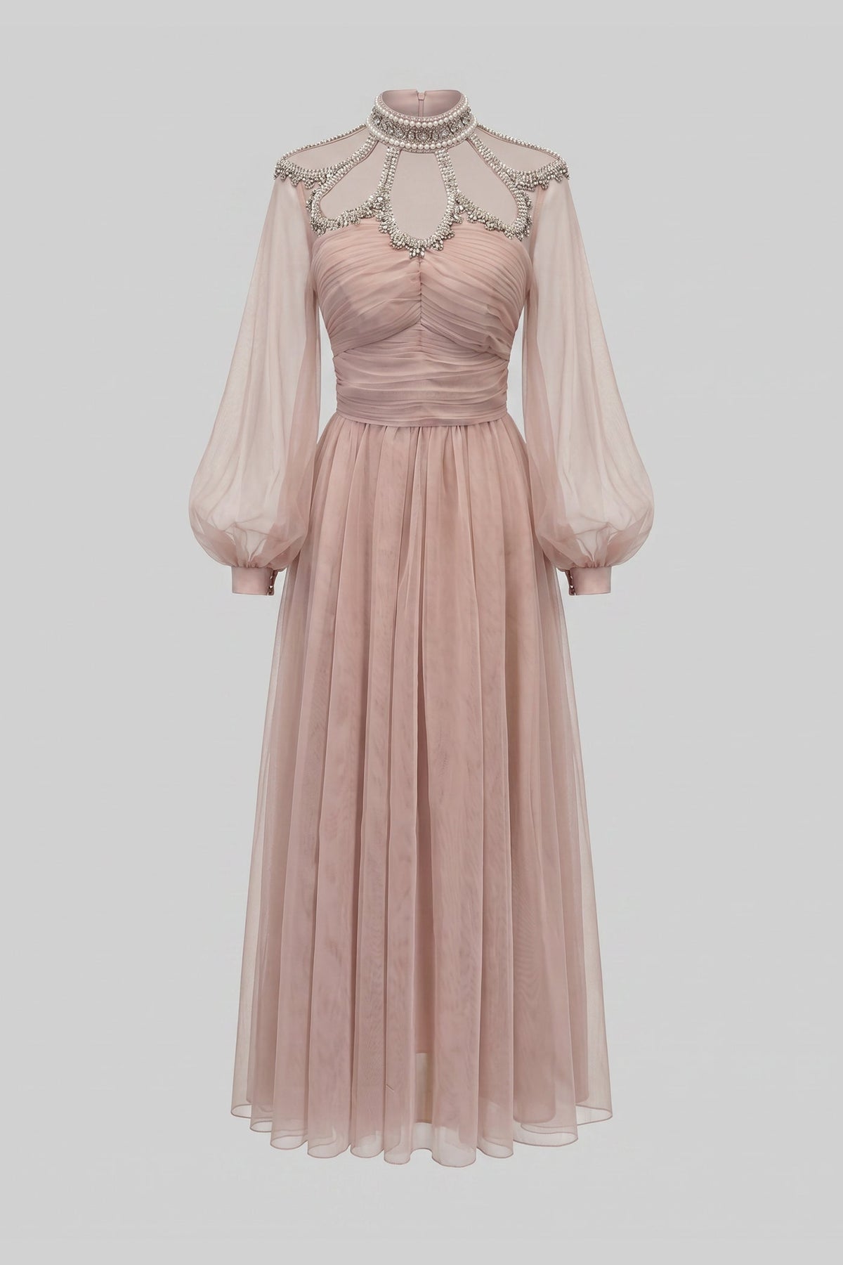 Pearl Collar Mesh Yoke Cut Out Crystal Beaded Maxi Gown - View 2