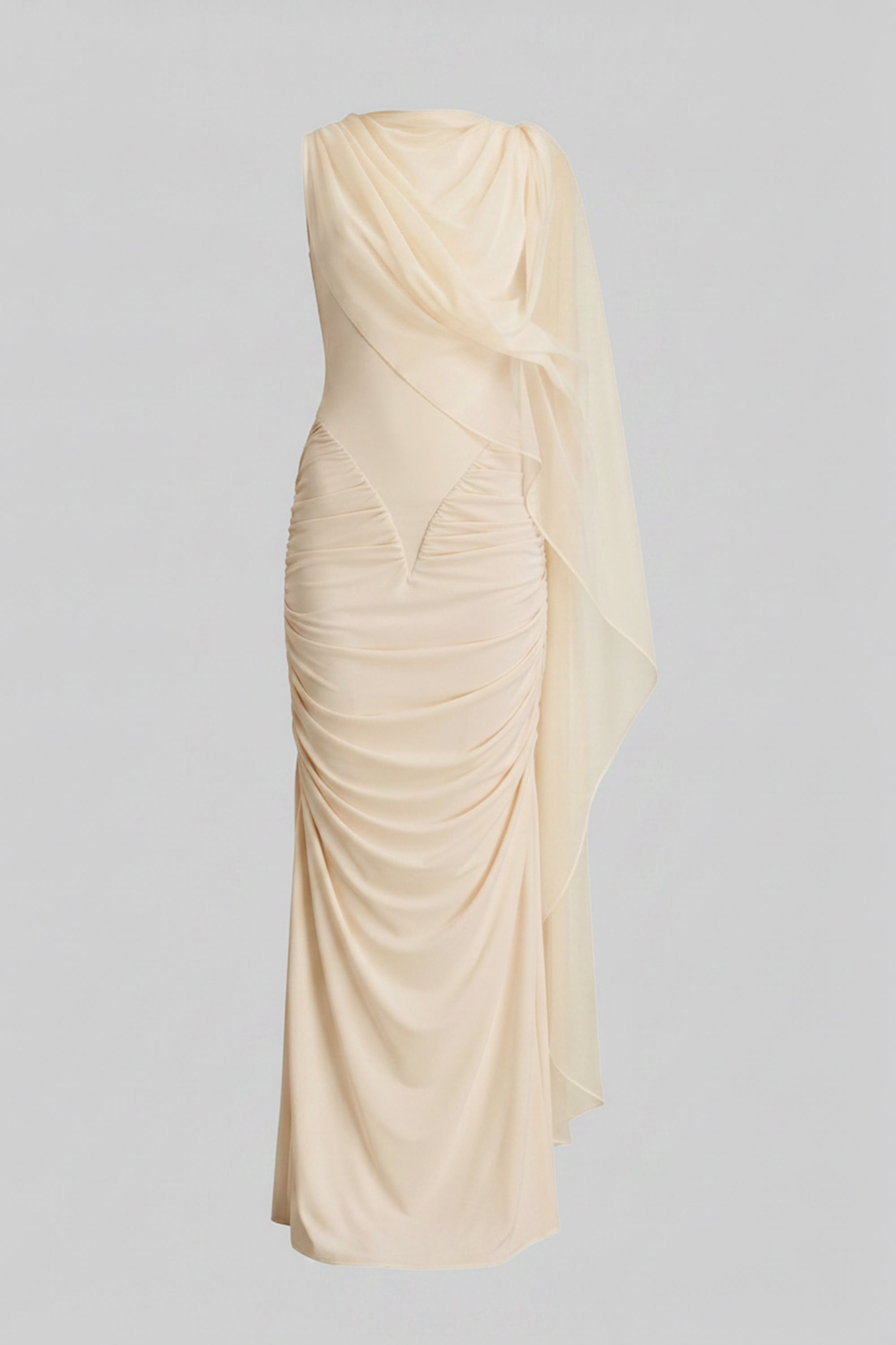 One-Shoulder Draped Maxi Dress With Sheer Scarf Detail - Beige