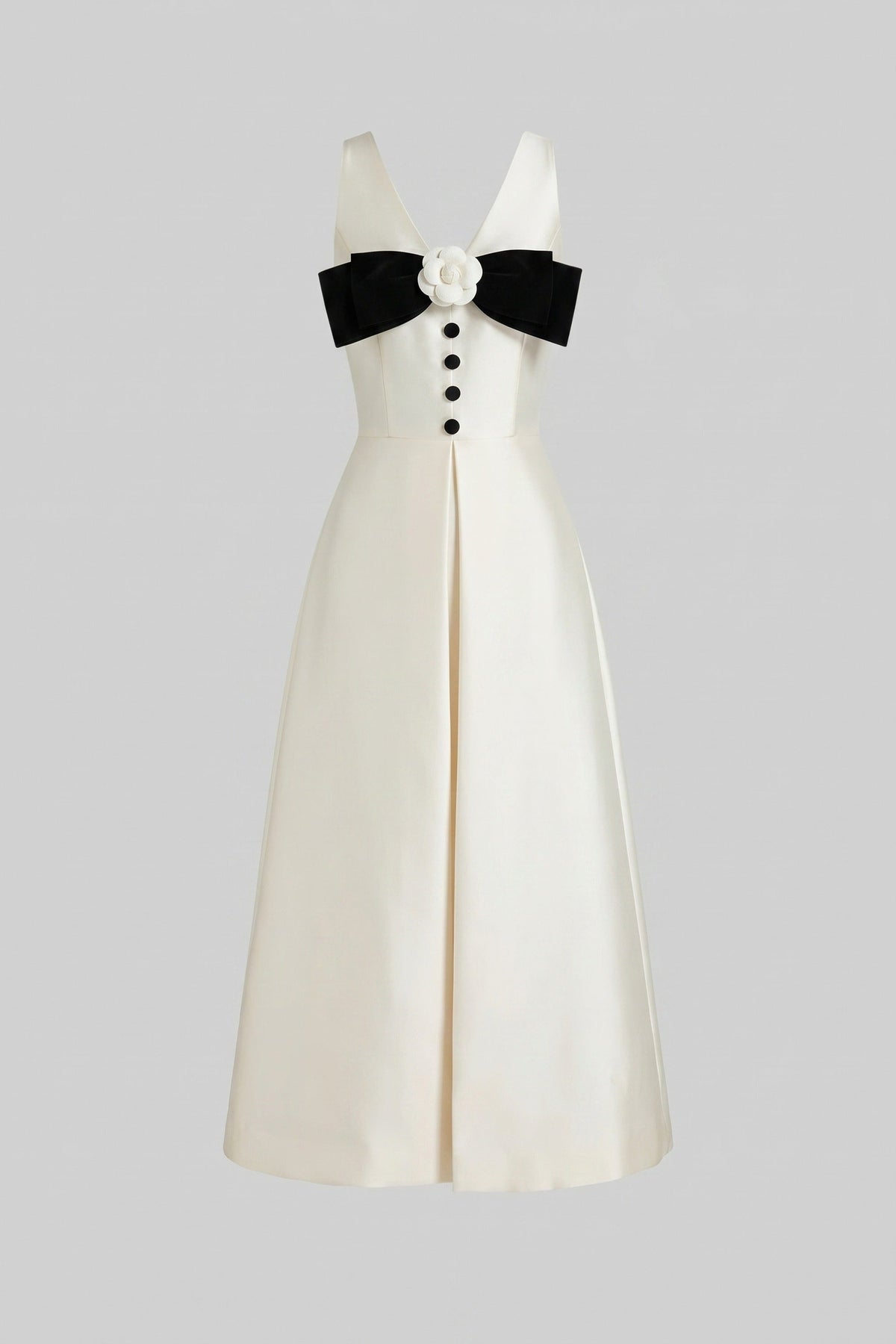 V-Neck Sleeveless Contrast Bow Front Button Detail A-Line Midi Dress 2