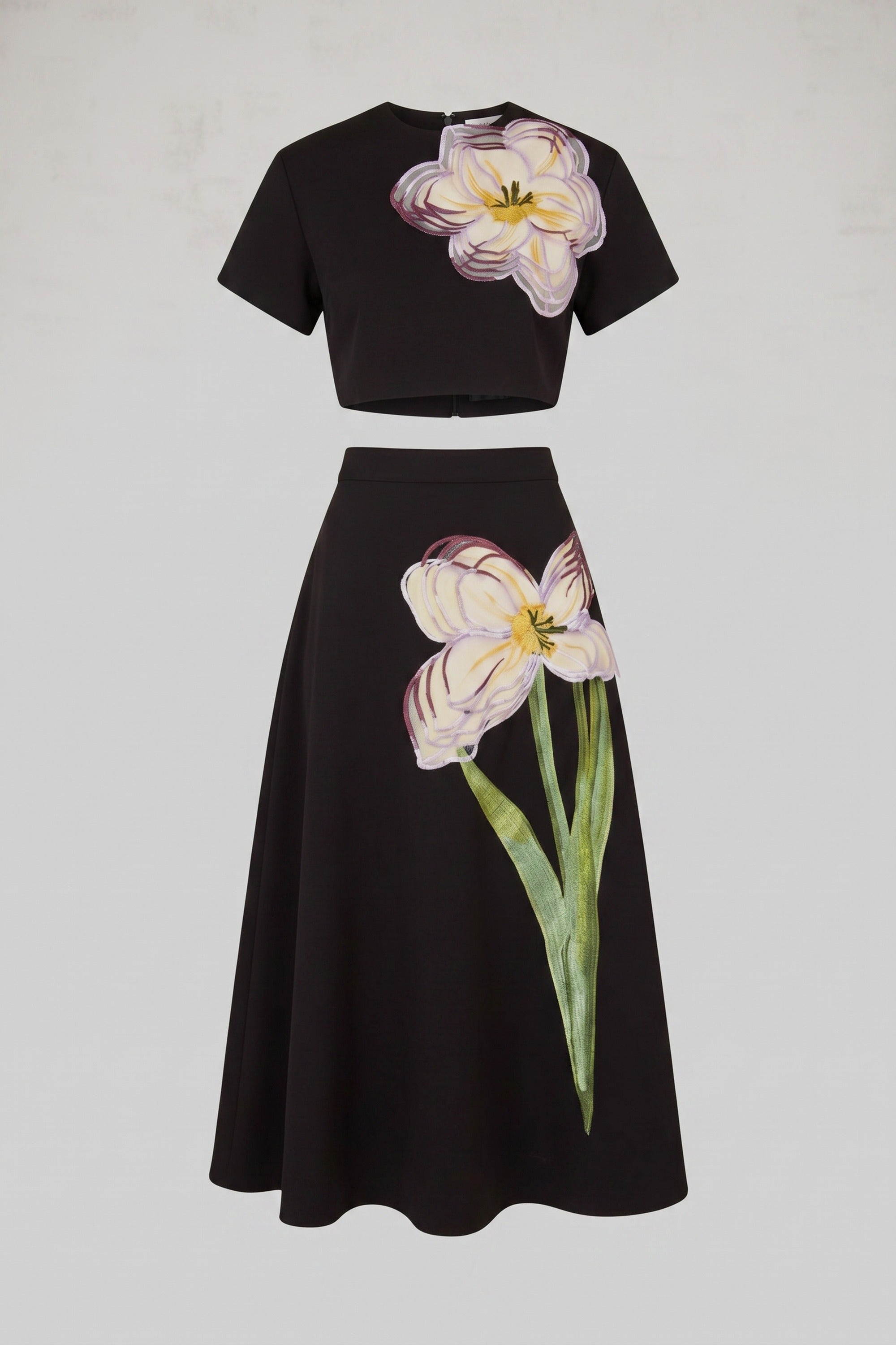 Short-Sleeve Floral-Print Co-Ord Set With Crop Top And Maxi Skirt - Black