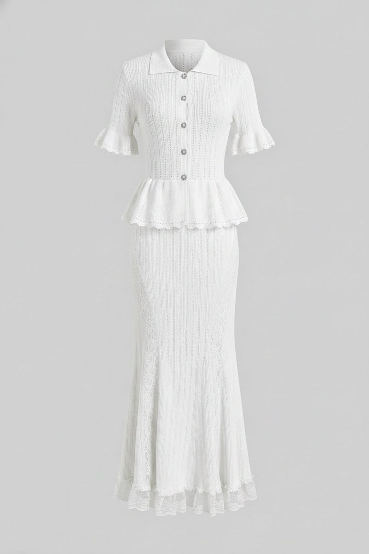 Polo Collar Short Sleeve Pointelle Knit Peplum Lace Hem Maxi Dress 2