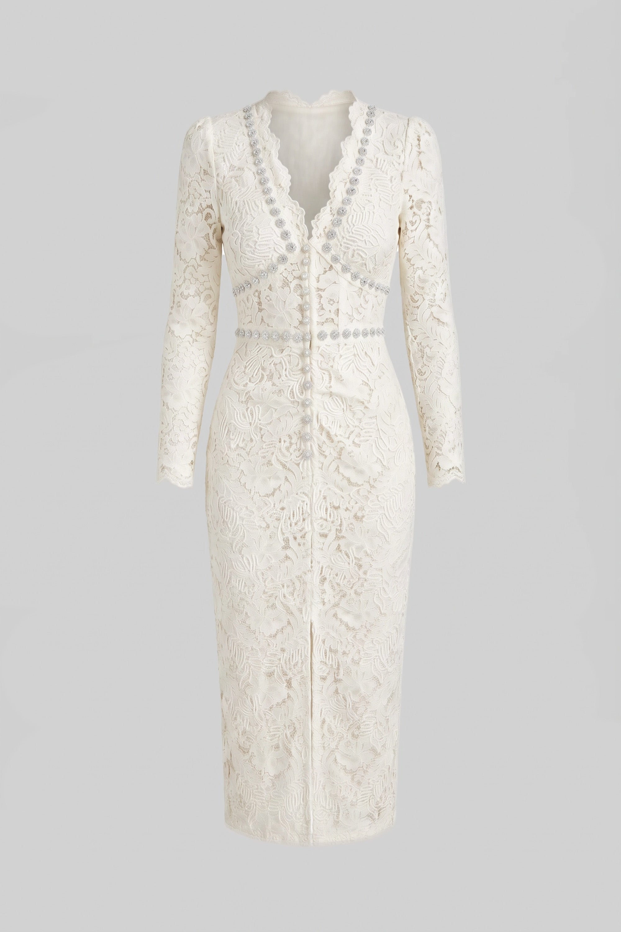 Lace Midi Dress With Crystal V-Neckline And Ruched Front Detail - Ivoire