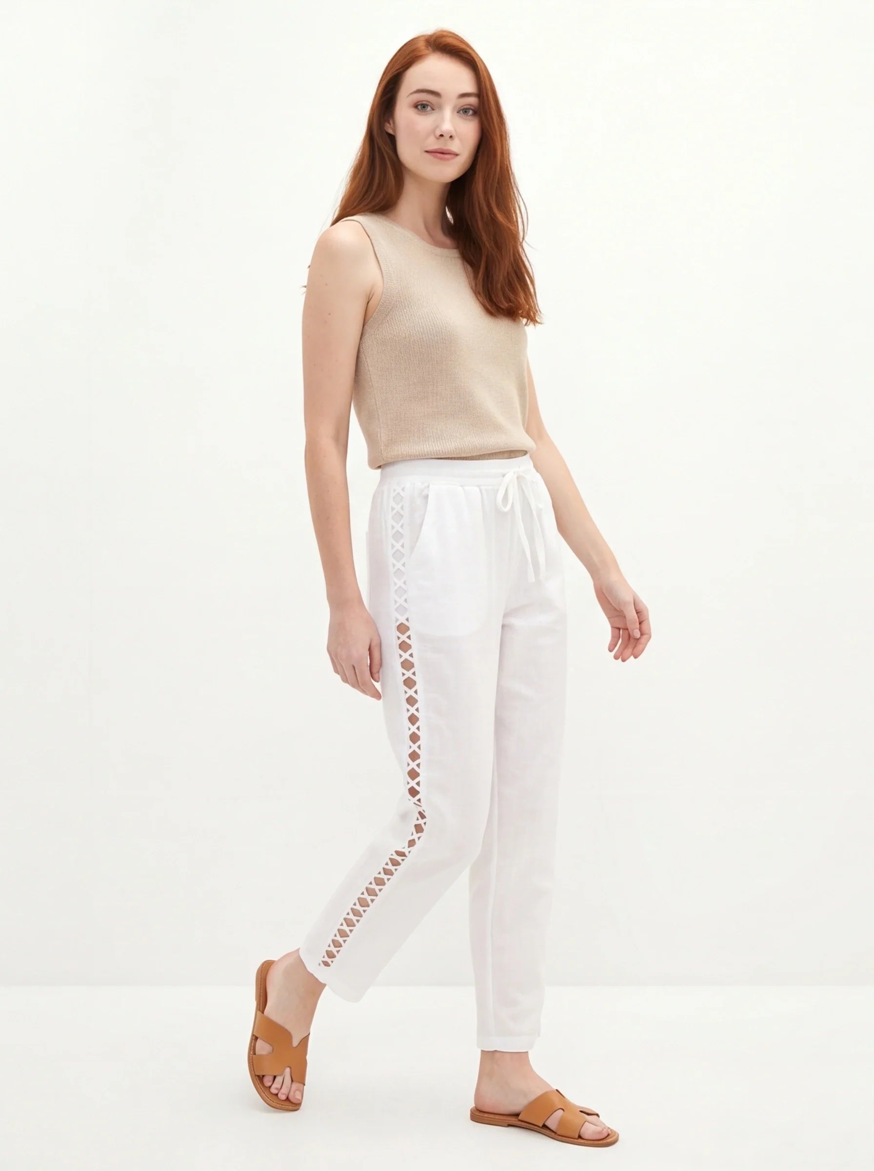 Natural Casual Pants With Hollow Out Spliced Details Drawstring Elastic Waist Pocket Cotton