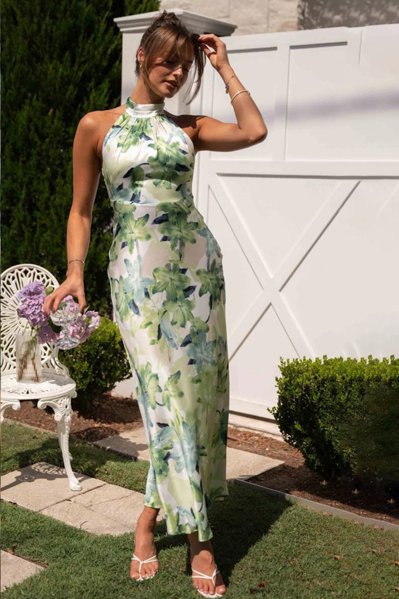 Minimalist Angélica Printed Halterneck Midi Dress in Backless Satin Evening Wear Edit
