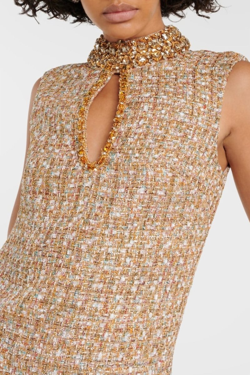 Crystal Embellished Mock Neck Keyhole Tweed Sleeveless A-Line Mini Dress
