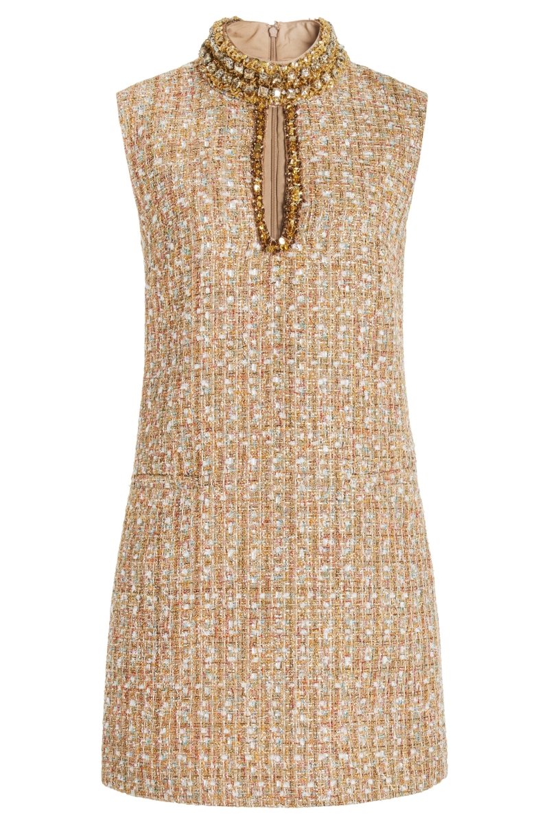 Crystal Embellished Mock Neck Keyhole Tweed Sleeveless A-Line Mini Dress