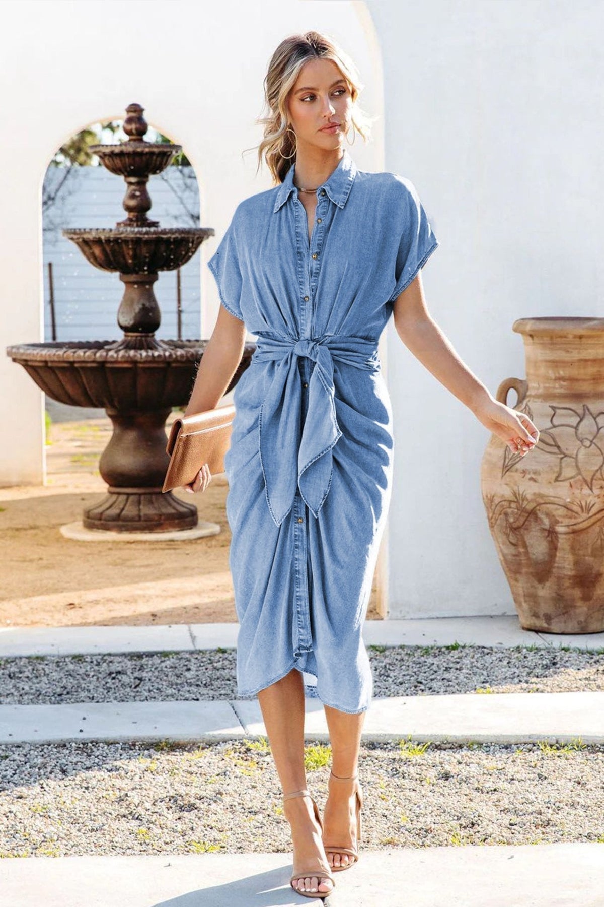 Denim-Look Short Sleeve Tie Waist Button Front Midi Shirt Dress 2