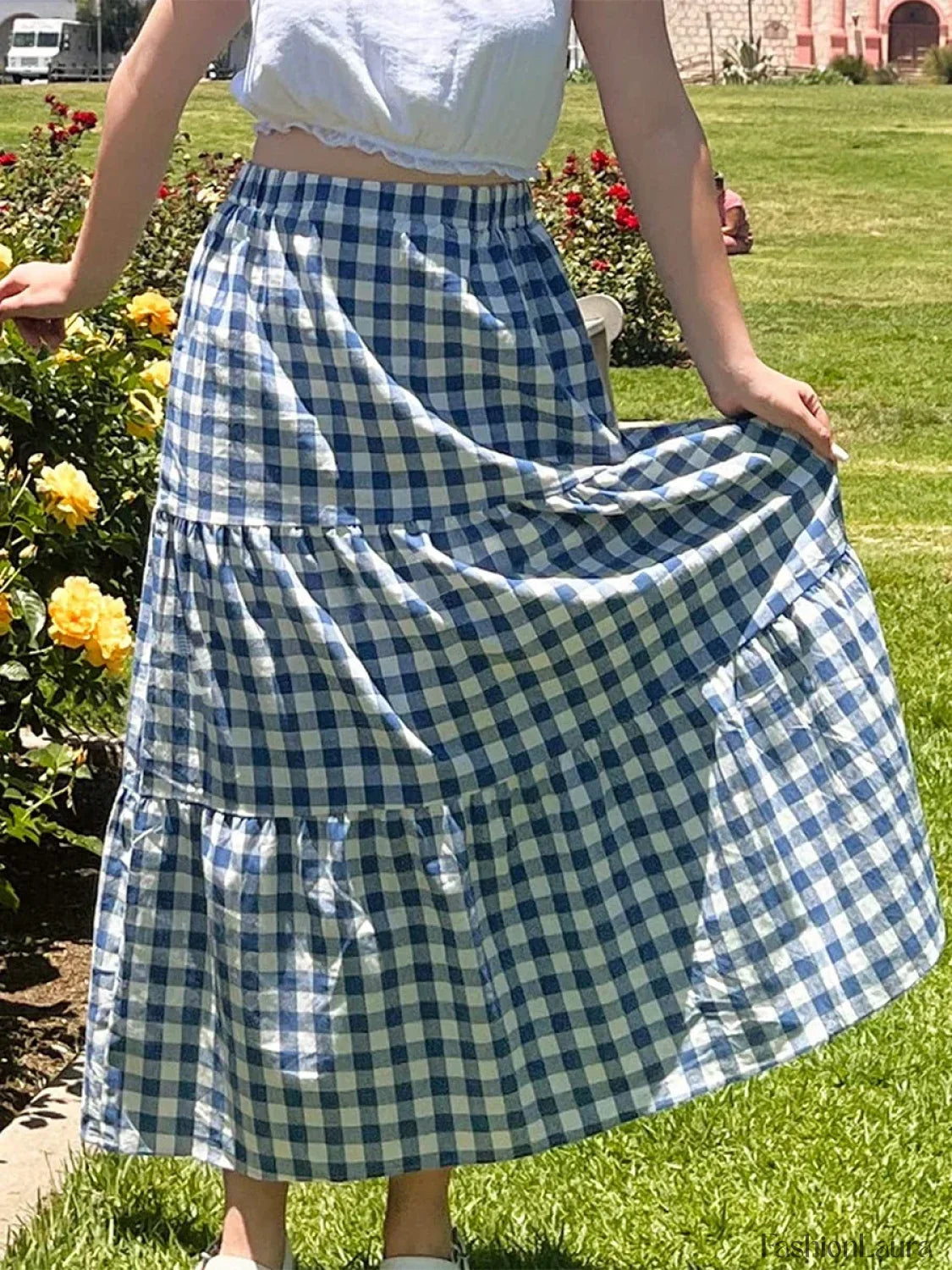 Gingham Patchwork Tiered Maxi Skirt