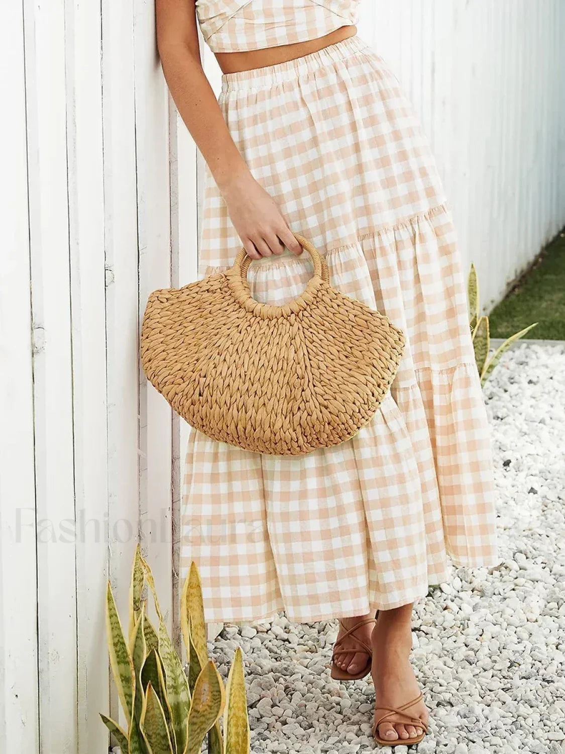 Gingham Patchwork Tiered Maxi Skirt Khaki / S