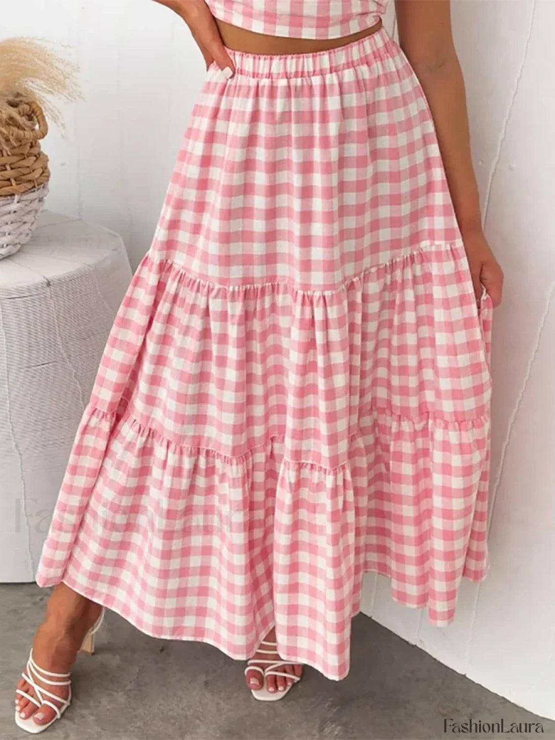 Gingham Patchwork Tiered Maxi Skirt