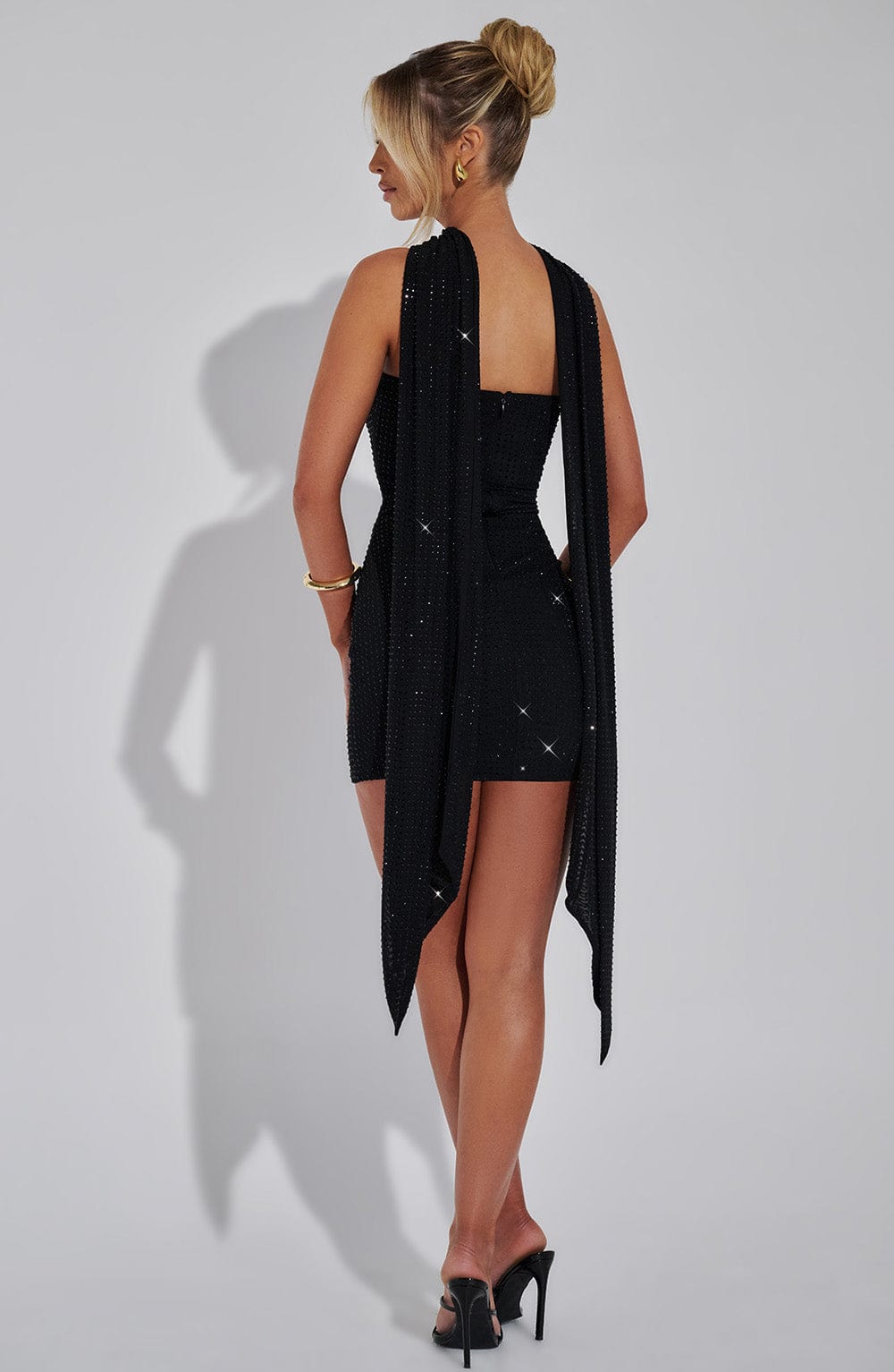Rhinestone Embellished Strapless Bodycon Mini Dress with Neck Scarf 3