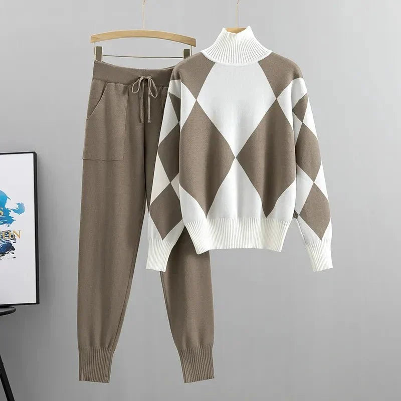 Argyle Turtleneck Sweater and Jogger Pants Knit Two Piece Set