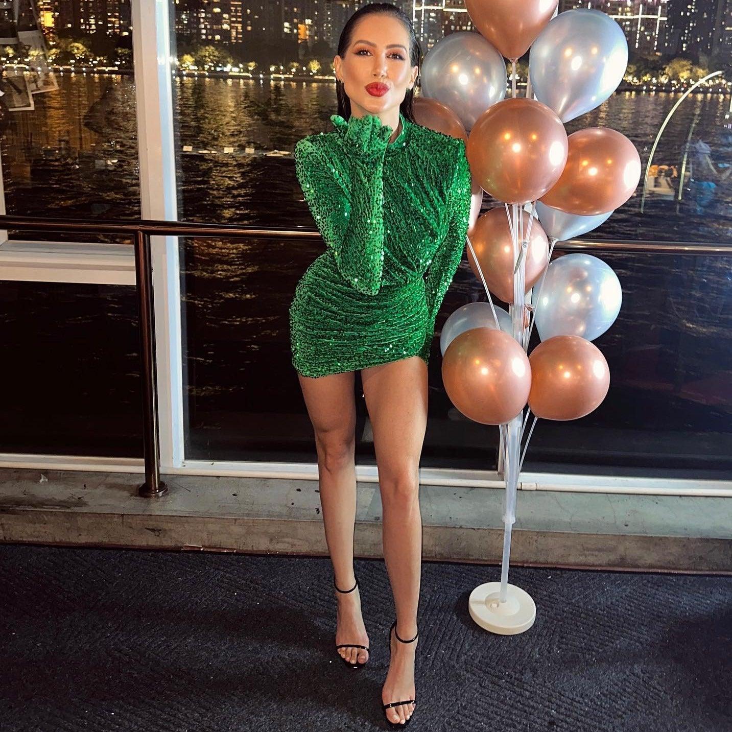 Sequin High Neck Long Sleeve Ruched Bodycon Mini Party Dress