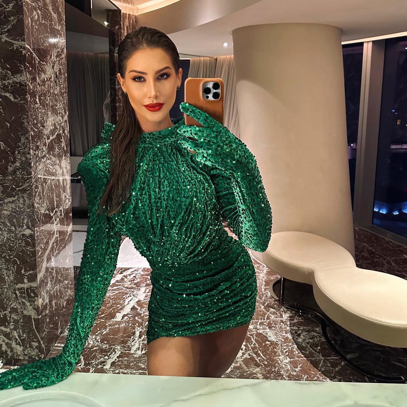 Sequin High Neck Long Sleeve Ruched Bodycon Mini Party Dress
