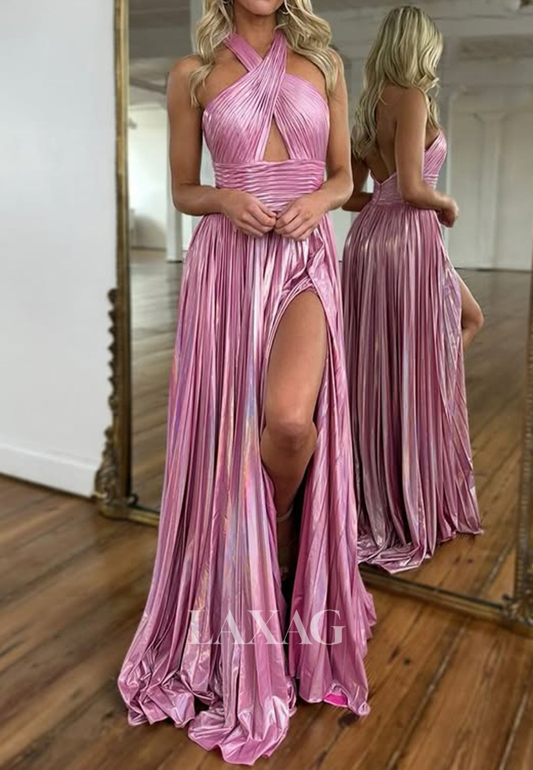 Cross-Neck Pleated Metallic Satin Evening Gowns Off-Shoulder Sleeveless High Slit Fitted Prom Dress