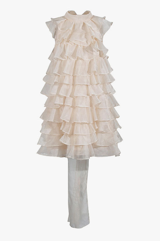 Girlish Bow Tie Neck Tiered Ruffle Sleeveless Chiffon Vacation Mini Dress