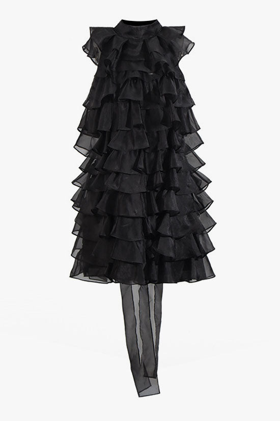 Girlish Bow Tie Neck Tiered Ruffle Sleeveless Chiffon Vacation Mini Dress