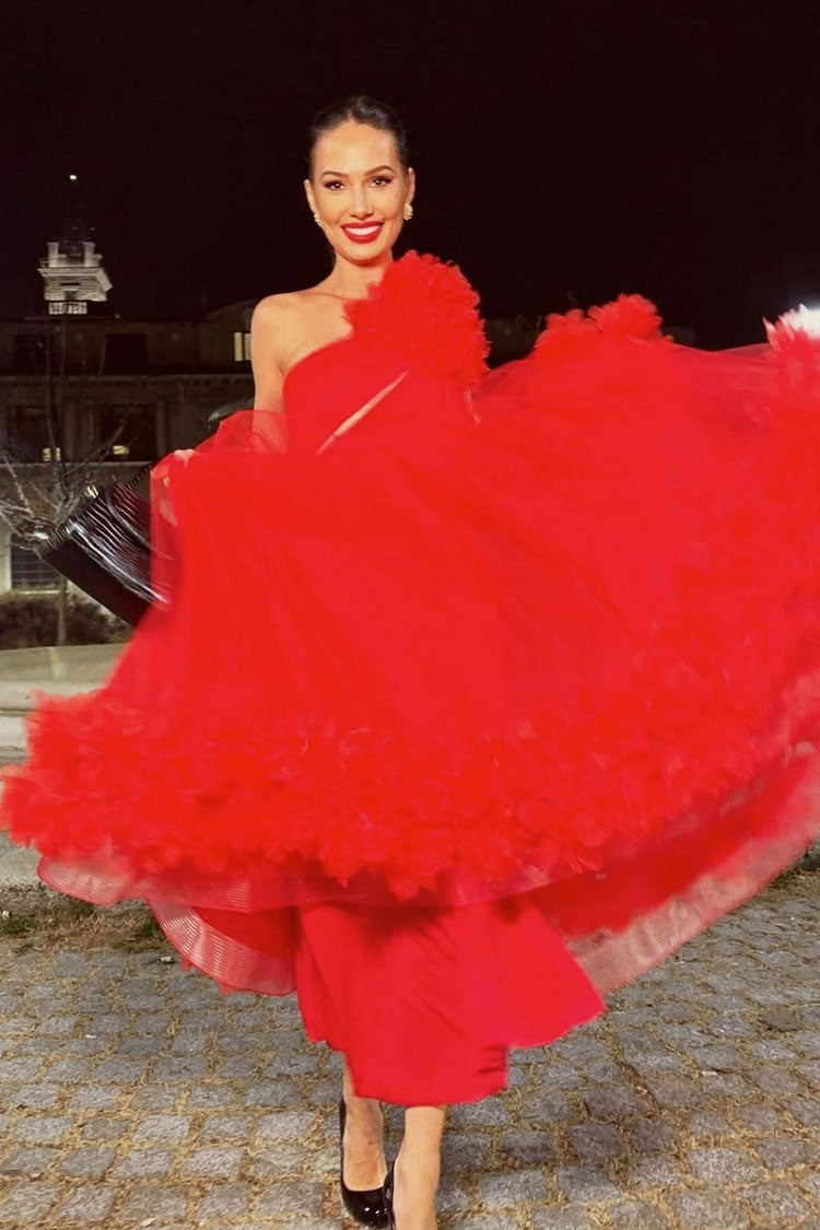 Glamorous 3D Rosette One Shoulder A Line Evening Maxi Dress - Red - View 2