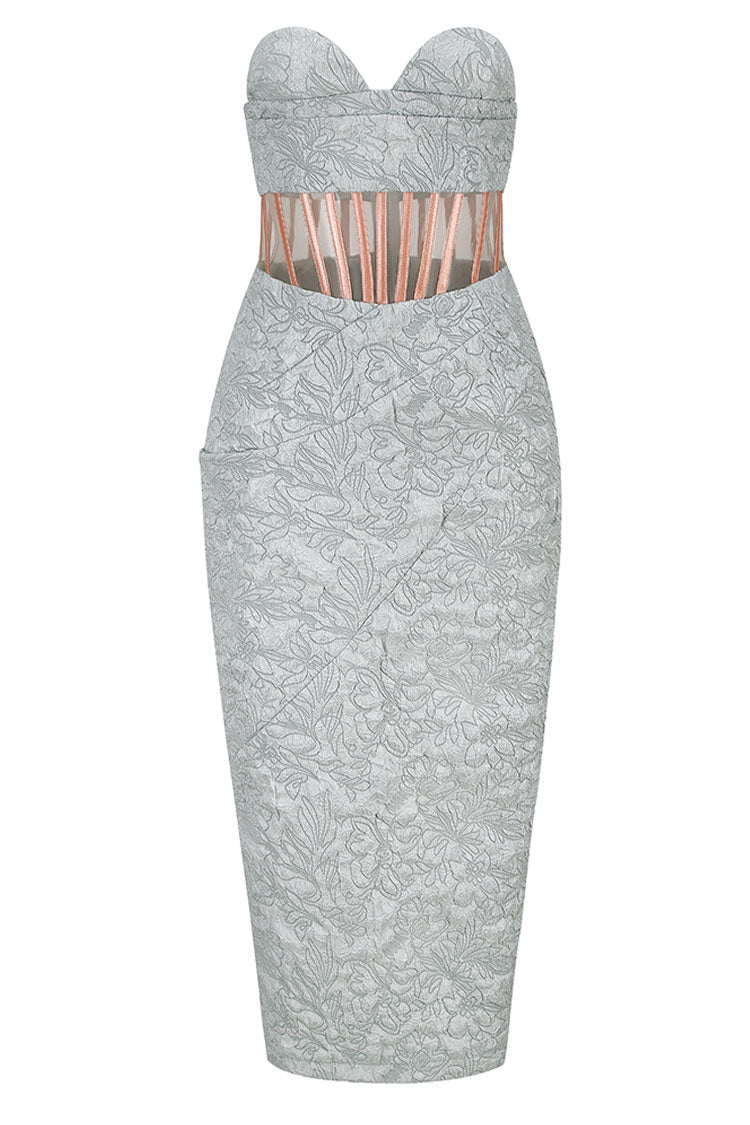 Floral Jacquard Strapless Corset Cut Out Waist Bodycon Midi Dress