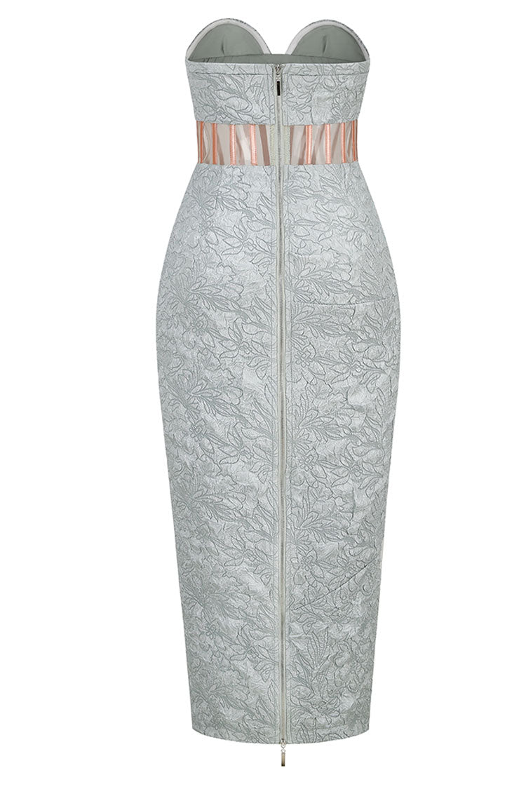 Floral Jacquard Strapless Corset Cut Out Waist Bodycon Midi Dress