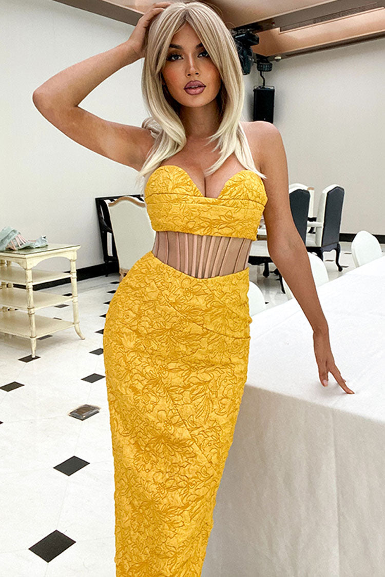 Strapless Sweetheart Sheer Waist Cut Out Bodycon Midi Dress