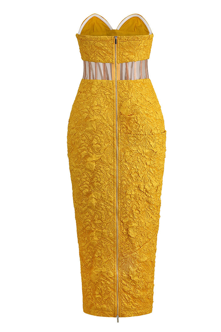 Strapless Sweetheart Sheer Waist Cut Out Bodycon Midi Dress