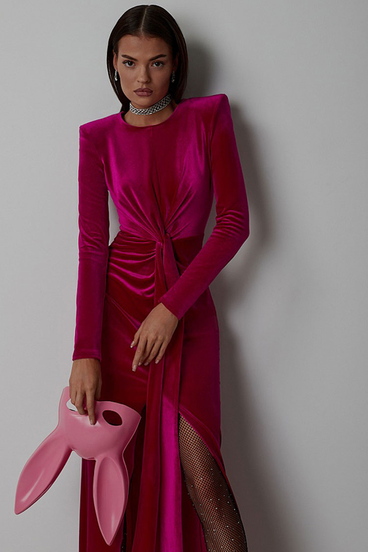 Velvet Long Sleeve Twist Front High Split Bodycon Maxi Dress