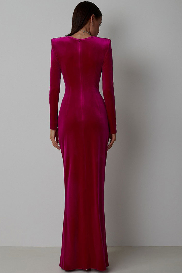 Velvet Long Sleeve Twist Front High Split Bodycon Maxi Dress