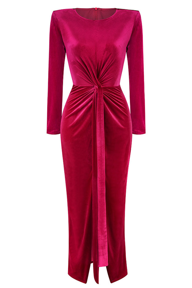 Velvet Long Sleeve Twist Front High Split Bodycon Maxi Dress