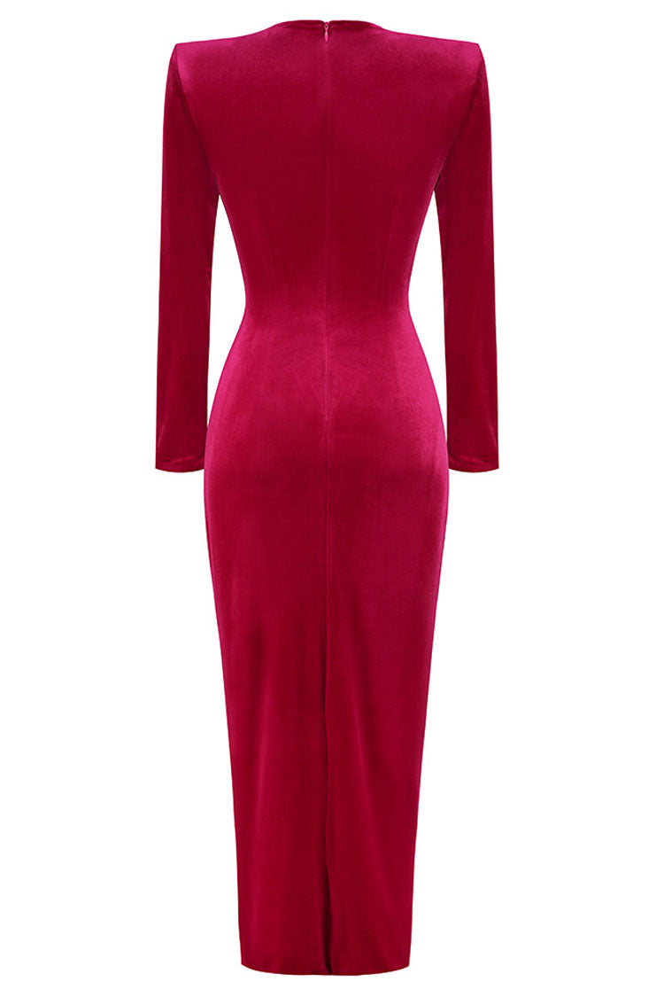 Velvet Long Sleeve Twist Front High Split Bodycon Maxi Dress