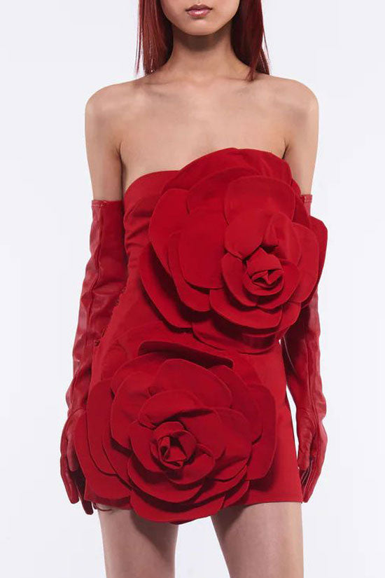 3D Rosette Applique Strapless Bodycon Party Mini Dress