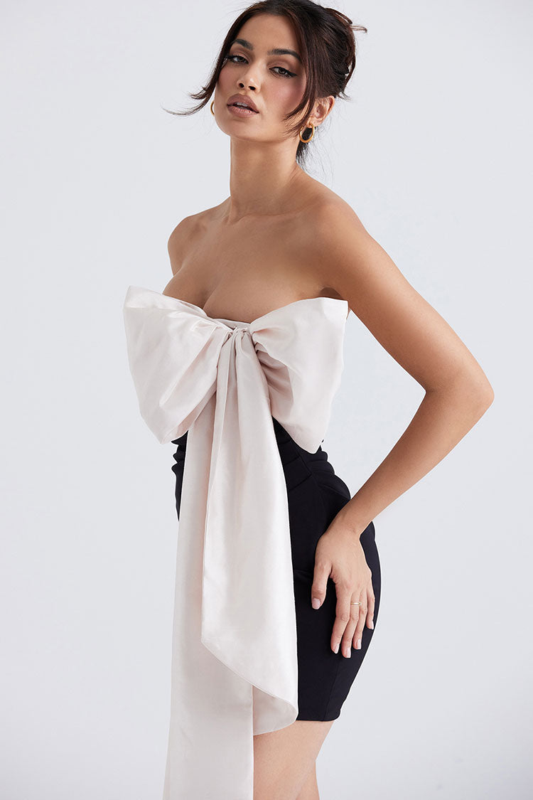 Glamorous Bow Trim Two Tone Satin Pleated Mini Dress - Black - View 2
