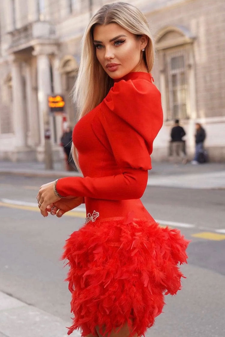 Glamorous Puff Sleeve Rhinestone Faux Feather Trim Party Mini Dress - Red 3