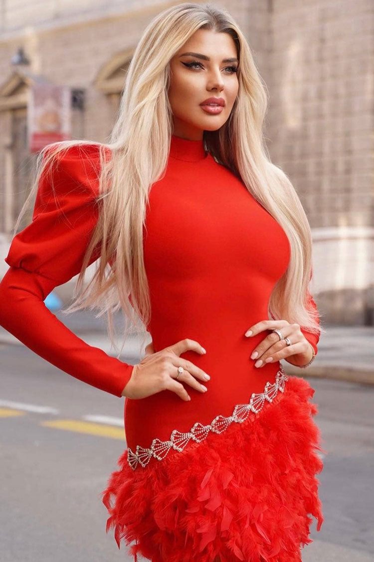 Glamorous Puff Sleeve Rhinestone Faux Feather Trim Party Mini Dress - Red 2